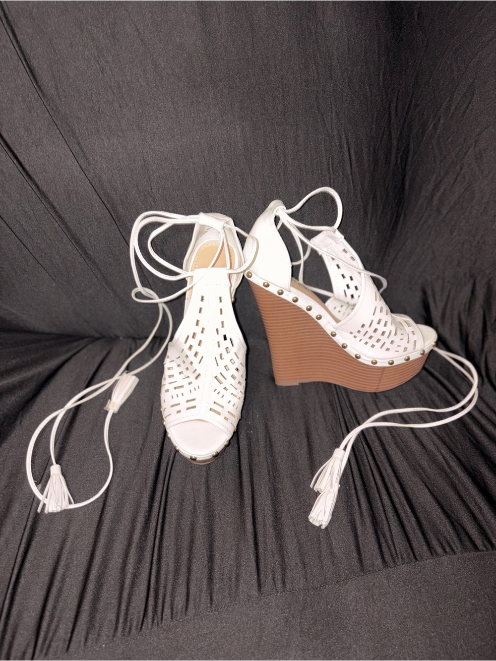 JustFab White Laser-Cut Lace-Up Wedge Sandals